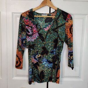 VTG Laura Max Peggy Floral Pointillism Multi-Color Wrap V-Neck 3/4 Sleeve Top M